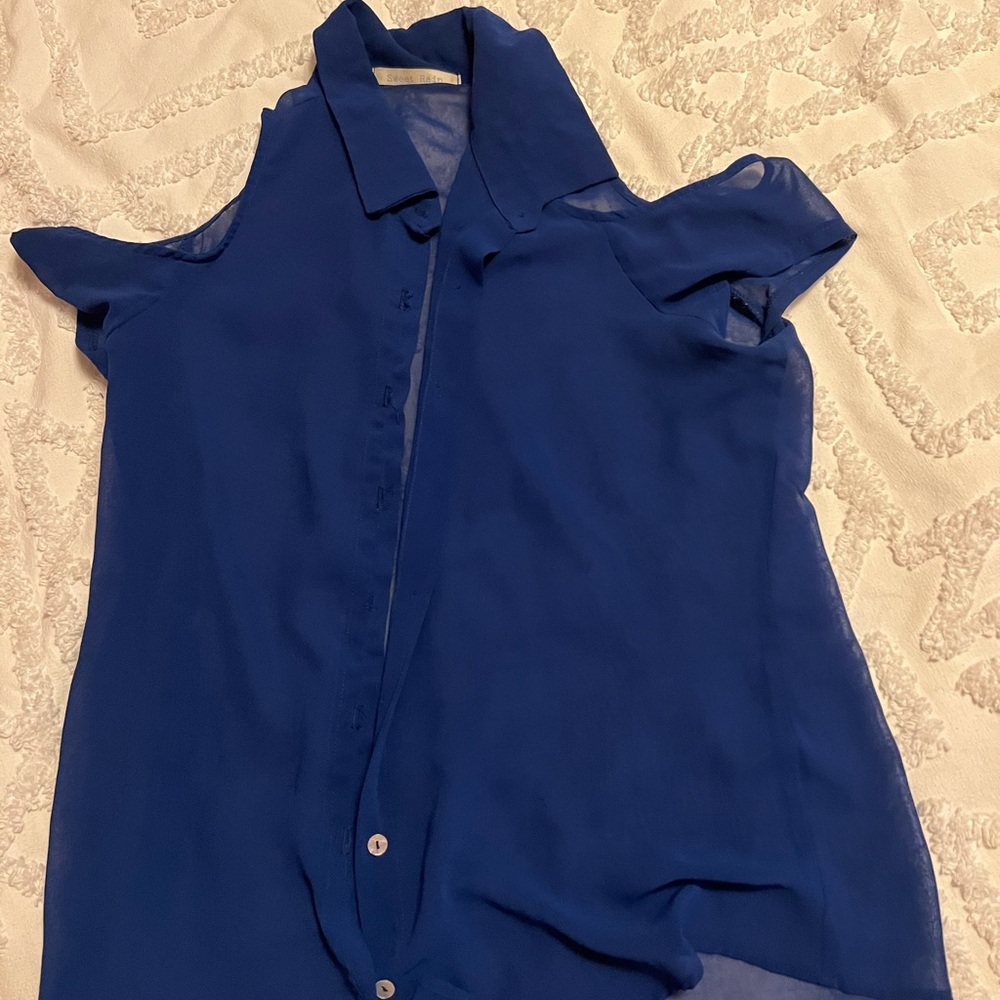 Sweet Rain Sheer Blue Cold Shouldwr Cap Sleeve Blouse